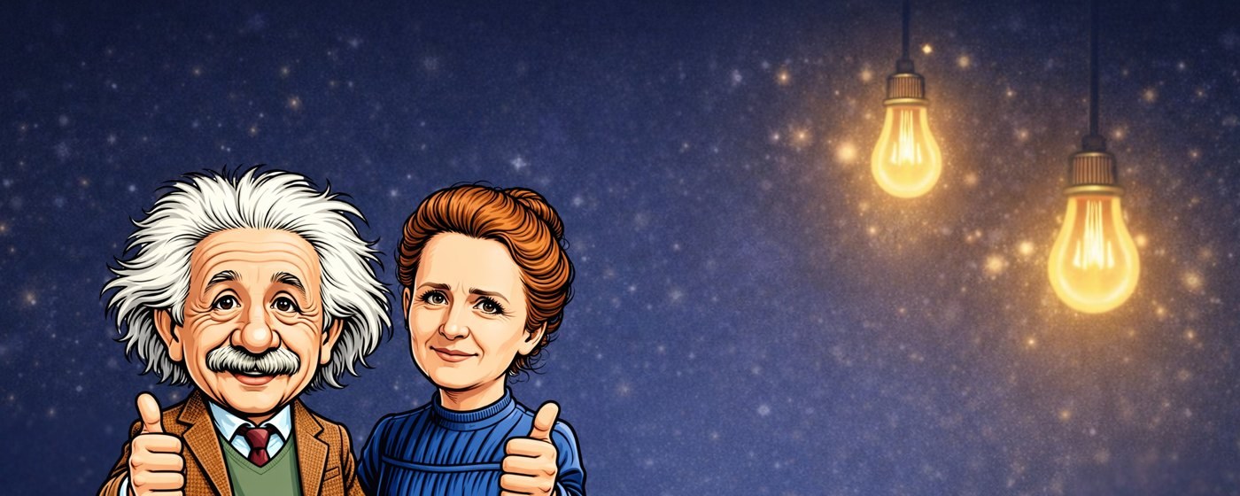 Albert Einstein und Marie Curie unter zwei Glühbirnen