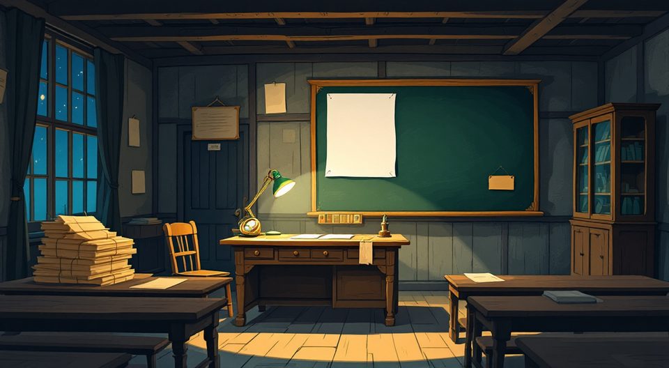 Ein altes Klassenzimmer bei Nacht mit Pult, Tafel und Vitrine