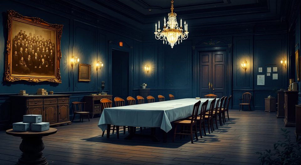 Ein festlicher Saal in Brüssel mit langer Tafel